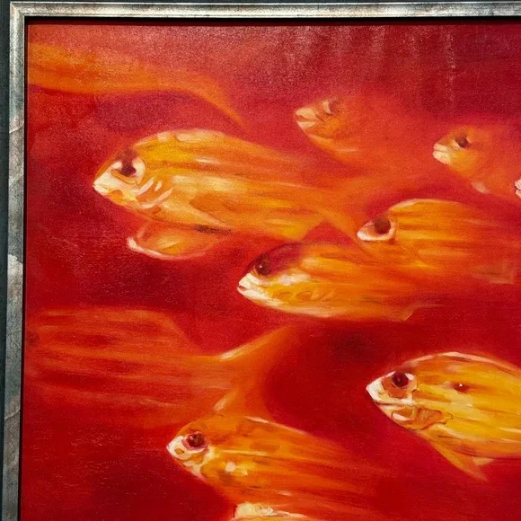 🆕 “Golden Harmony” School of Fish Original – 25.5”x26.5” Framed Oil on Canvas - Picture 15 of 16